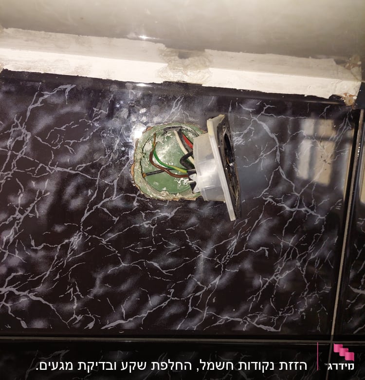 שקע חשמלי פתוח עם חוטים חשופים בקיר
